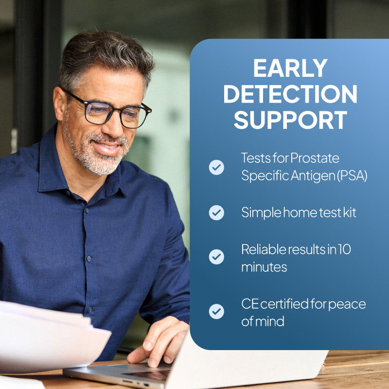 Lifestyle promotional graphic for the SELFCheck Prostate Health Test, showing a middle-aged man wearing glasses working on a laptop beside a blue text panel reading “Early Detection Support,” with points highlighting testing for Prostate Specific Antigen (PSA), a simple home test kit, reliable results in 10 minutes, and CE certification for reassurance.