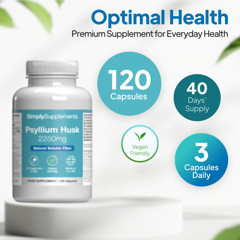 Psyllium husk supplement bottle with dosage- 40 days supply (3 capsules daily). Vegan friendly