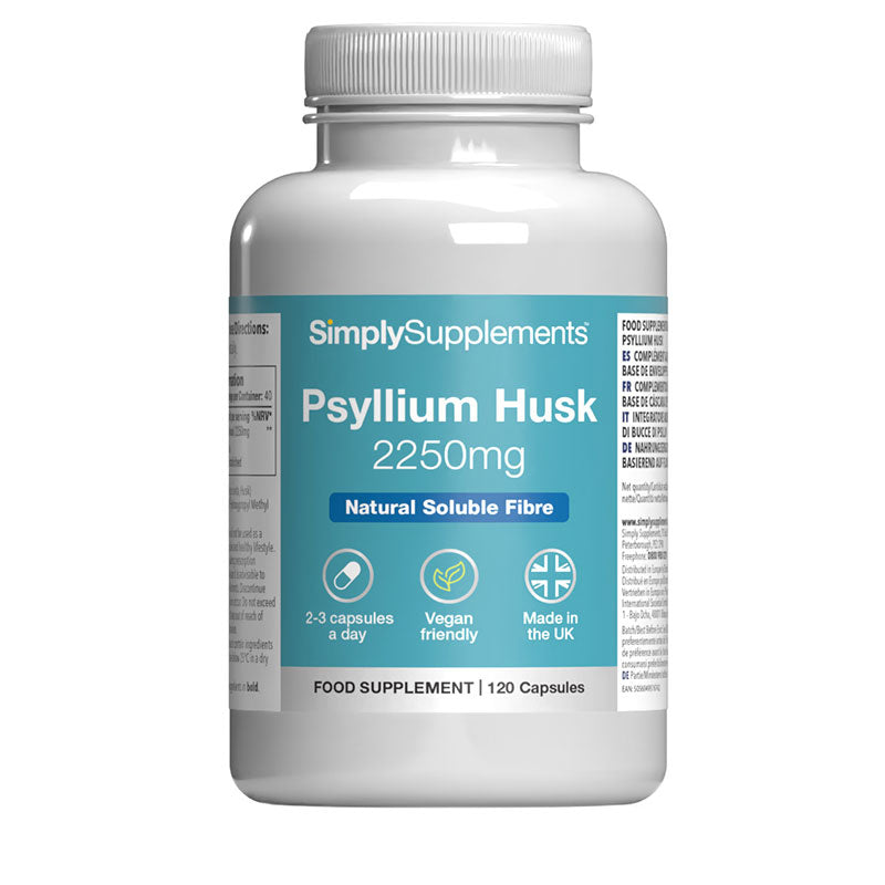 Supplement bottle labeled 'SimplySupplements Psyllium Husk 2250mg' on a white background