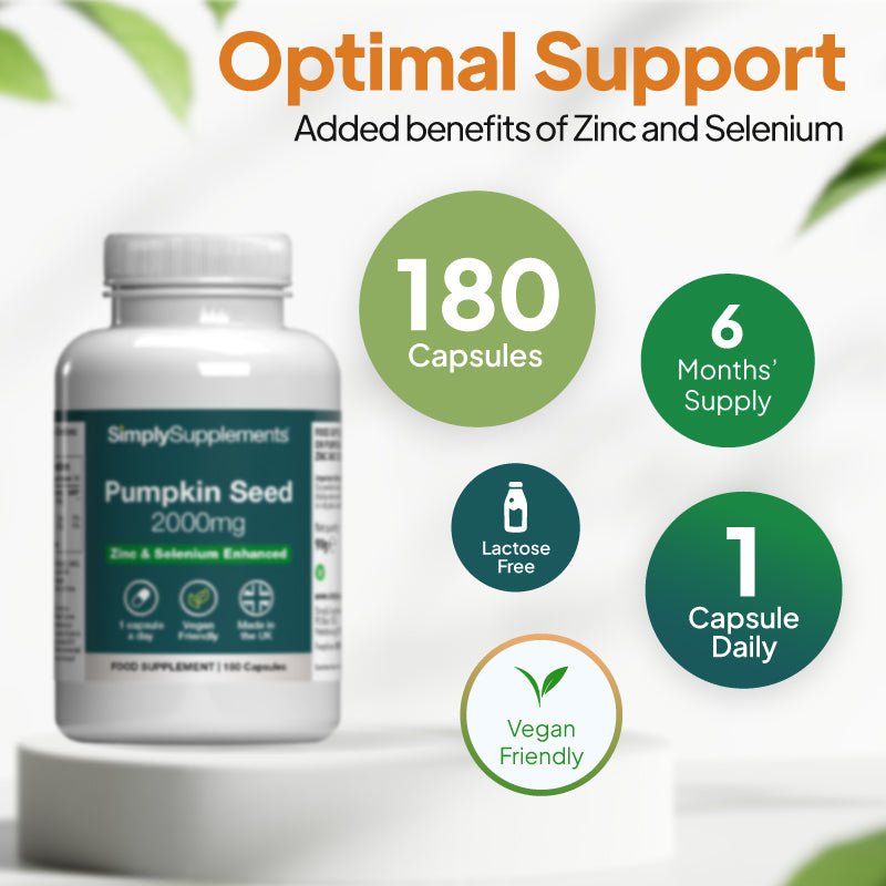 Pumpkin Seed supplement bottle with dosage- 6 months' supply (1 capsule daily). Lactose free. Vegan Friendly