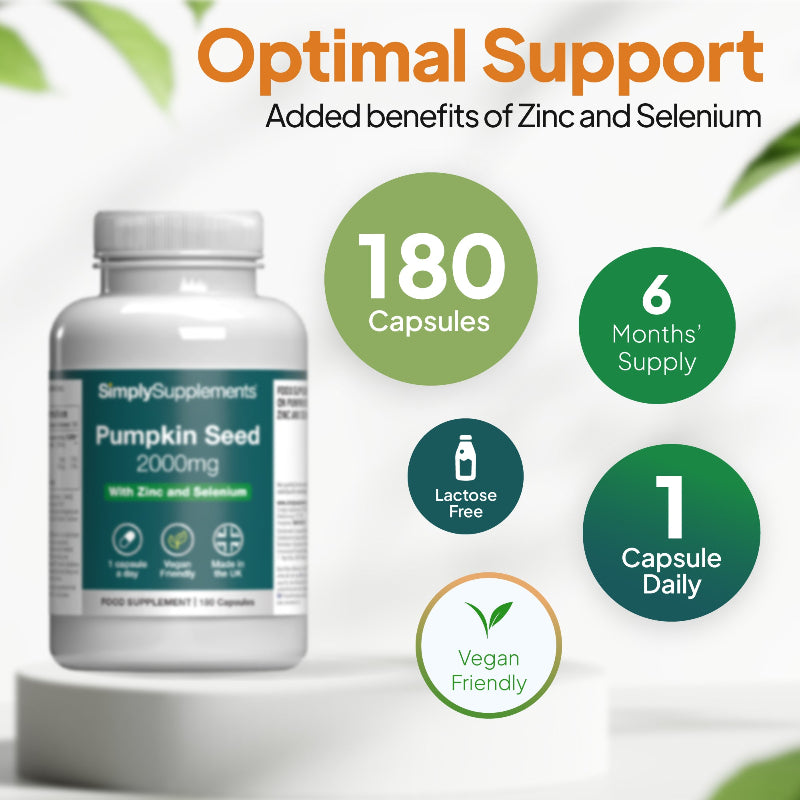 Pumpkin Seed supplement bottle with dosage- 6 months' supply (1 capsule daily). Lactose free. Vegan Friendly