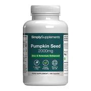 Supplement bottle labeled 'SimplySupplements Pumpkin Seed 2000mg Zinc and Selenium Enhanced' on a white background
