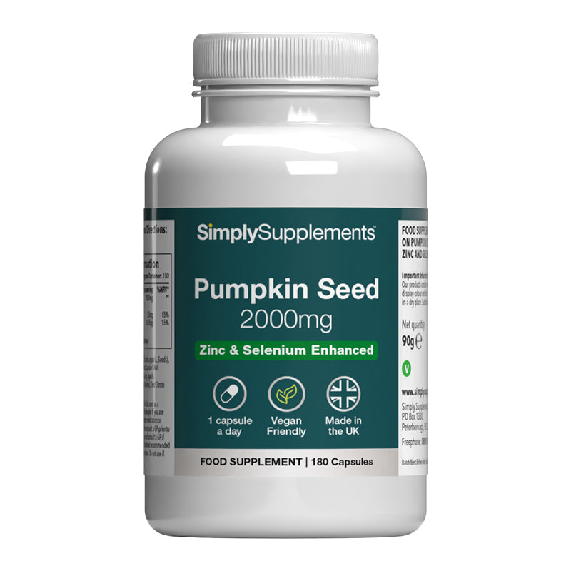 Supplement bottle labeled 'SimplySupplements Pumpkin Seed 2000mg Zinc and Selenium Enhanced' on a white background
