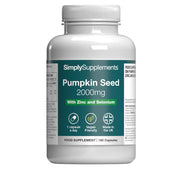 Supplement bottle labeled 'SimplySupplements Pumpkin Seed 2000mg with Zinc and Selenium' on a white background
