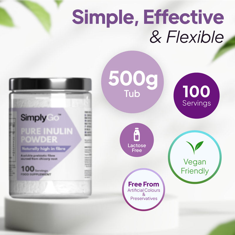 SimplyGo Pure Inulin Powder supplement graphic showing 500g tub, 100 servings, lactose free formula, vegan friendly profile and free from artificial colours and preservatives.