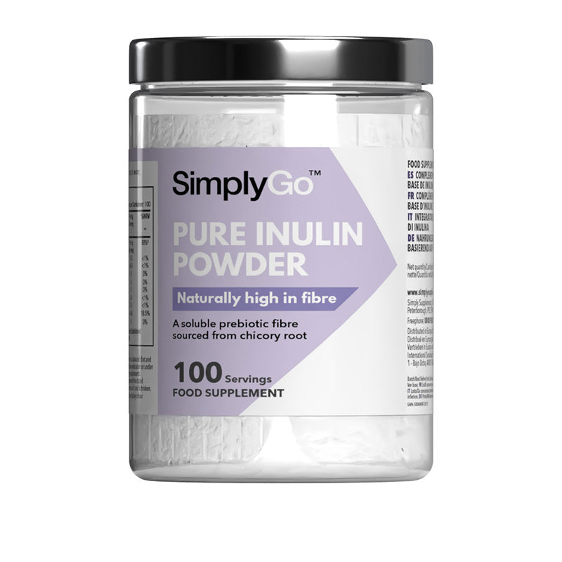 Jar of SimplyGo Pure Inulin Powder on a white background