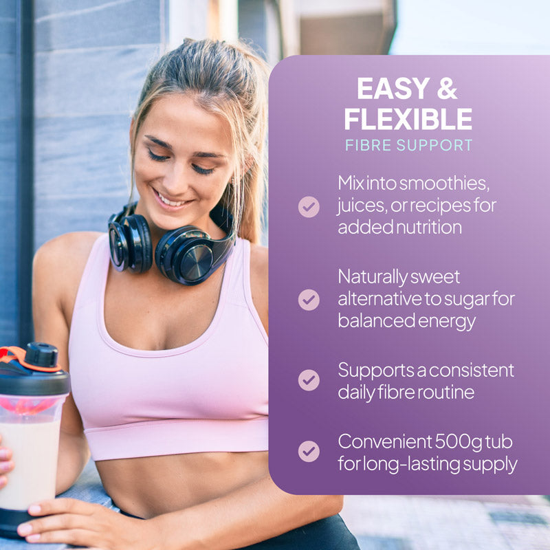 SimplyGo Pure Inulin lifestyle graphic highlighting flexible fibre support, smoothie and recipe use, naturally sweet sugar alternative, daily fibre routine support and convenient 500g long-lasting supply.