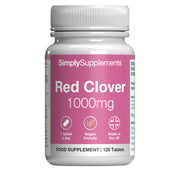 Supplement bottle labeled 'Red Clover 1000mg' by Simply Supplements on a white background