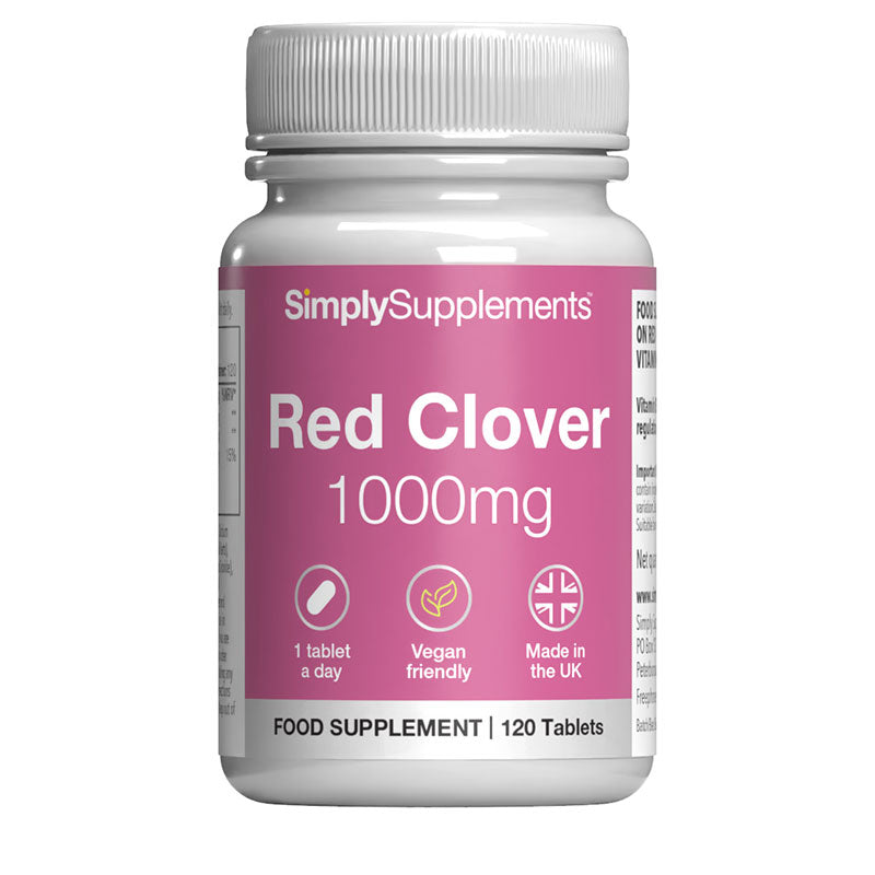 Supplement bottle labeled 'Red Clover 1000mg' by Simply Supplements on a white background