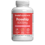 Supplement bottle labeled 'Rosehip 6000mg' by Simply Supplements on a white background