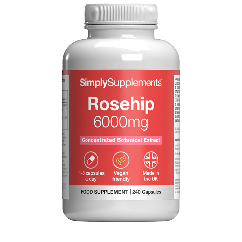 Supplement bottle labeled 'Rosehip 6000mg' by Simply Supplements on a white background