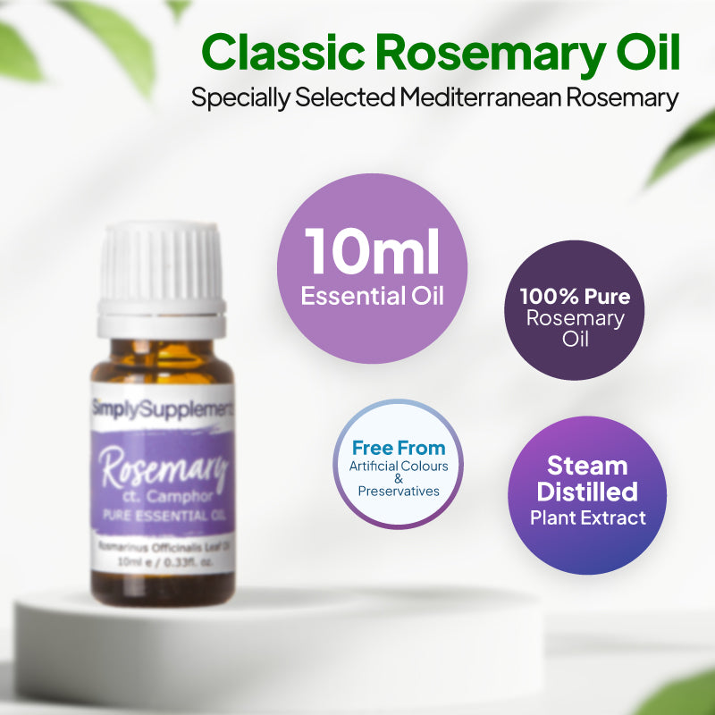 Simply Supplements Rosemary essential oil graphic showing 10ml total, 100 percent pure rosemary oil, steam-distilled plant extract and free from artificial colours and preservatives.