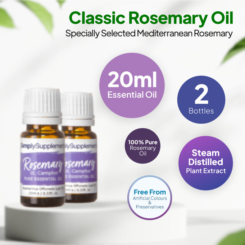 Simply Supplements Rosemary essential oil graphic showing 20ml total, 2 bottles, 100 percent pure rosemary oil, steam-distilled plant extract and free from artificial colours and preservatives.