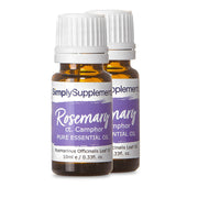 Two bottles of SimplySupplement Rosemary & Camphor Pure Essential Oil on a white background