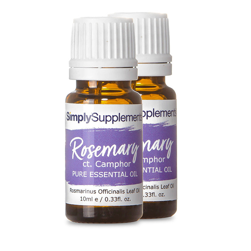Two bottles of SimplySupplement Rosemary & Camphor Pure Essential Oil on a white background