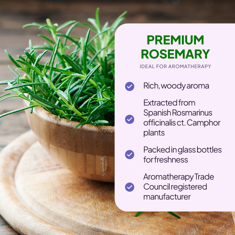 Simply Supplements Rosemary essential oil lifestyle graphic highlighting rich woody aroma, Spanish Rosmarinus officinalis ct. camphor sourcing, glass bottle packaging and Aromatherapy Trade Council registered manufacturer.