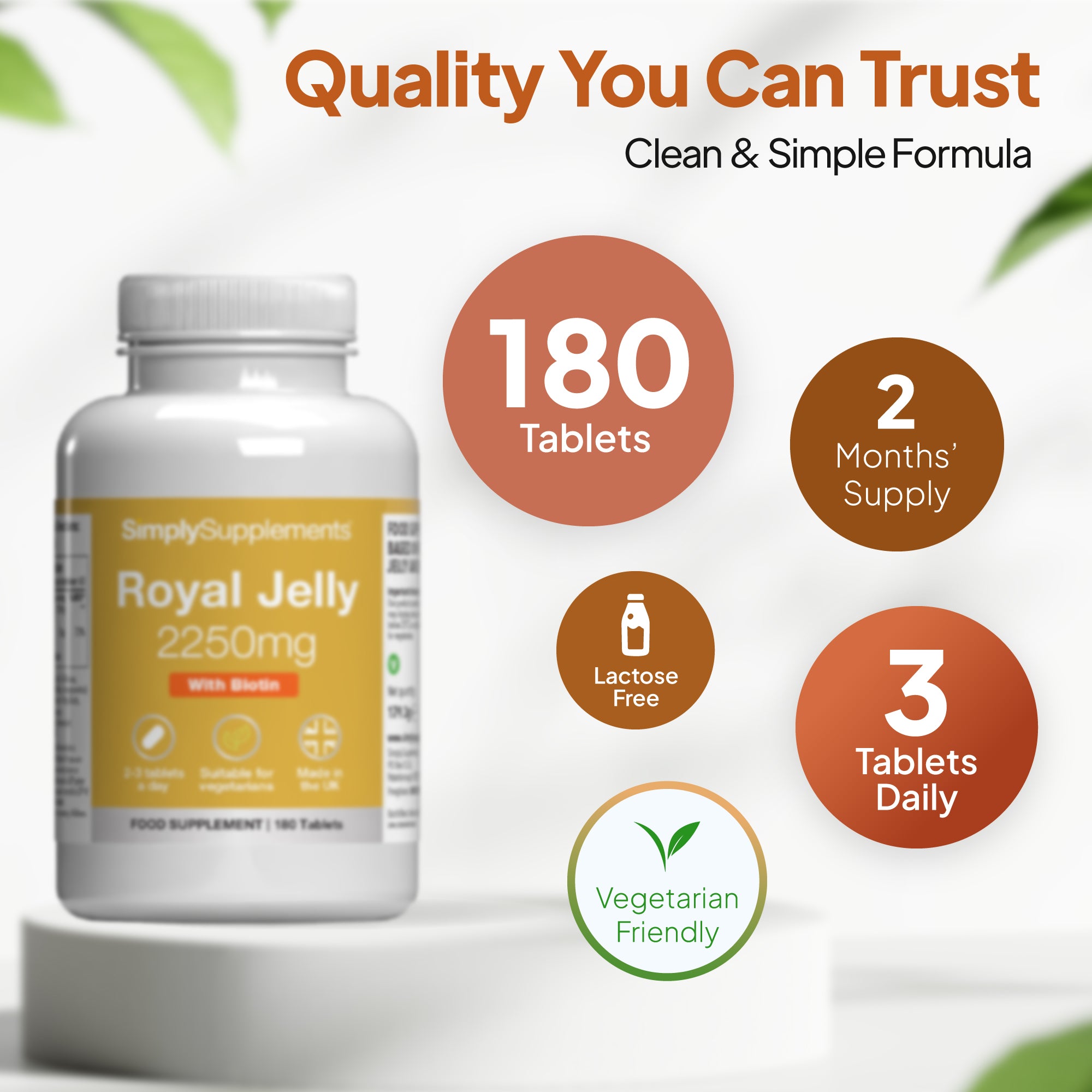 Product infographic for Simply Supplements Royal Jelly 2250mg Standardised Extract, showing the bottle beside a circular layout  highlighting 180 tablets, 2 months’ supply, 3 tablets a day, lactose free, and suitable for vegetarians