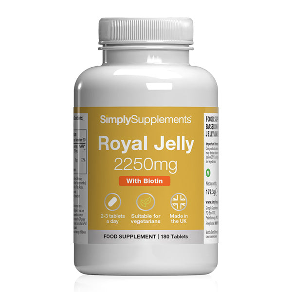 Supplement bottle labeled 'SimplySupplements Royal Jelly 2250mg with Biotin' on a white background