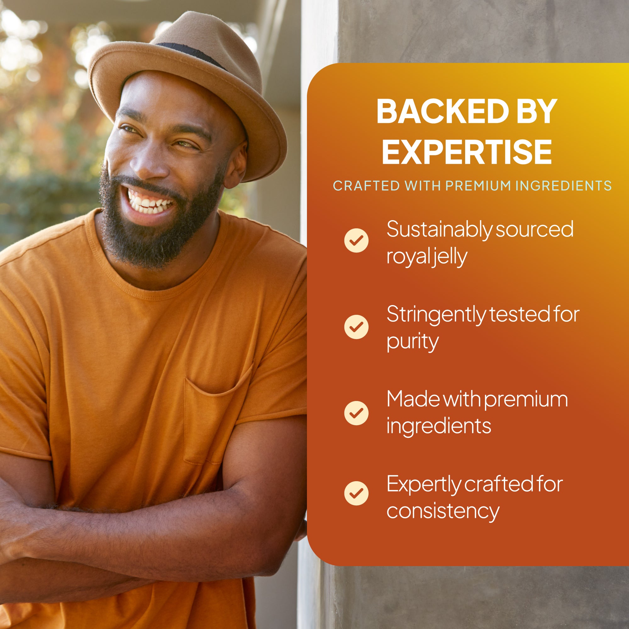 Promotional product graphic for Simply Supplements Royal Jelly 2250mg Standardised Extract, showing the benefits of the supplements. The image highlights the supplement is sustainably sources, made from premium ingredients and expertly crafted for consistency.