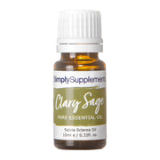 A bottle of Simply Supplements Clary Sage essential oil on a white background