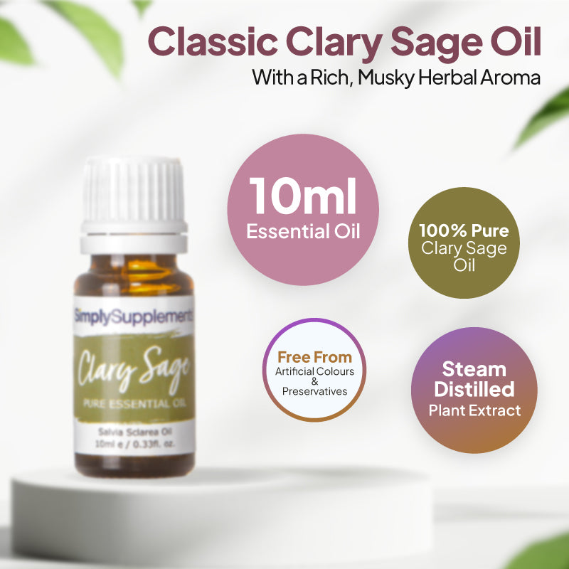 Simply Supplements Clary Sage essential oil graphic showing 10ml total, 100 percent pure clary sage oil, steam-distilled plant extract and free from artificial colours and preservatives.