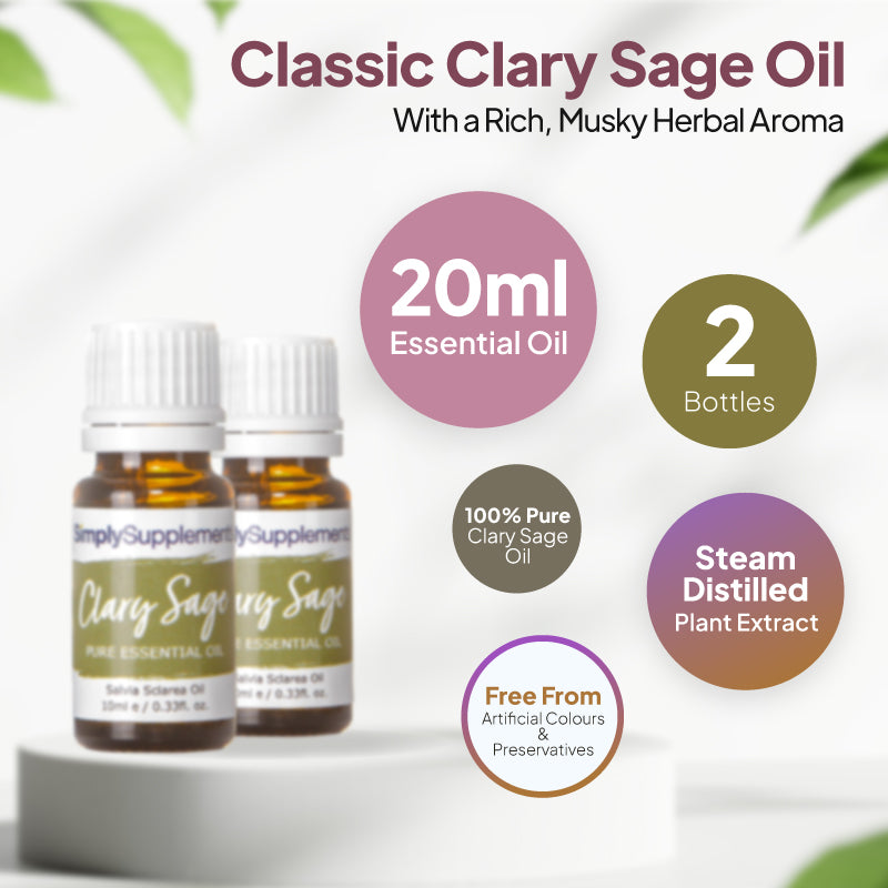 Simply Supplements Clary Sage essential oil graphic showing 20ml total, 2 bottles, 100 percent pure clary sage oil, steam-distilled plant extract and free from artificial colours and preservatives.