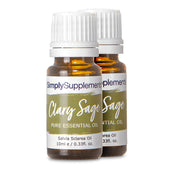 Two bottles of Simply Supplements Clary Sage essential oil on a white background