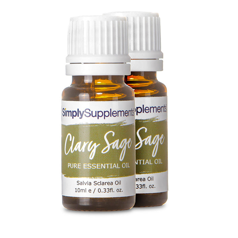 Two bottles of Simply Supplements Clary Sage essential oil on a white background