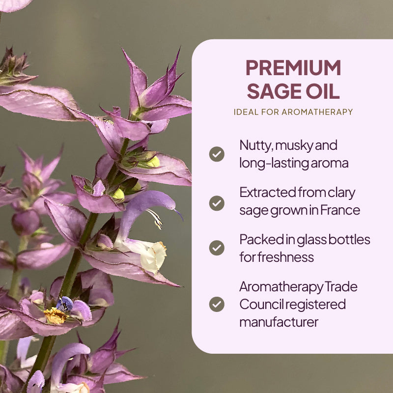 Simply Supplements Clary Sage essential oil lifestyle graphic highlighting nutty musky long-lasting aroma, French clary sage sourcing, glass bottle packaging and Aromatherapy Trade Council registered manufacturer.