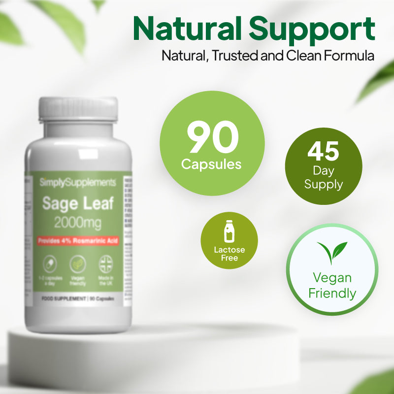 Simply Supplement Sage Leaf 2000mg 90 capsules. 45 days supply, lactose free, vegan friendly.