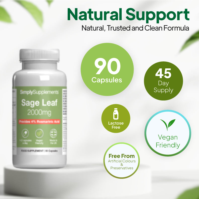 Simply Supplement Sage Leaf 2000mg 90 capsules. 45 days supply, lactose free, vegan friendly and free from artificial colurs and preservatives.