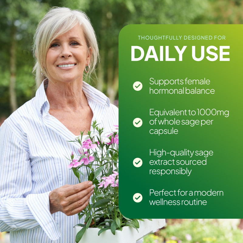 Sage Leaf extract supplement supports female hormonal balance. Contains standardised rosmarinic acid.
