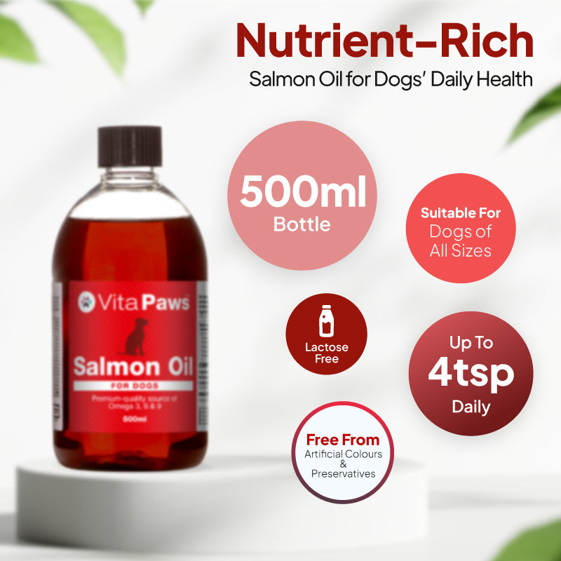 Dog salmon oil supplement in a 500ml bottle, lactose free, suitable for dogs of all sizes and free from artificial colours and preservatives