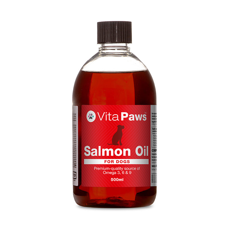 Bottle of Vita Paws Salmon Oil for dogs on a white background