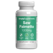 Supplement bottle labeled 'Saw Palmetto 1000mg' by SimplySupplements on a white background