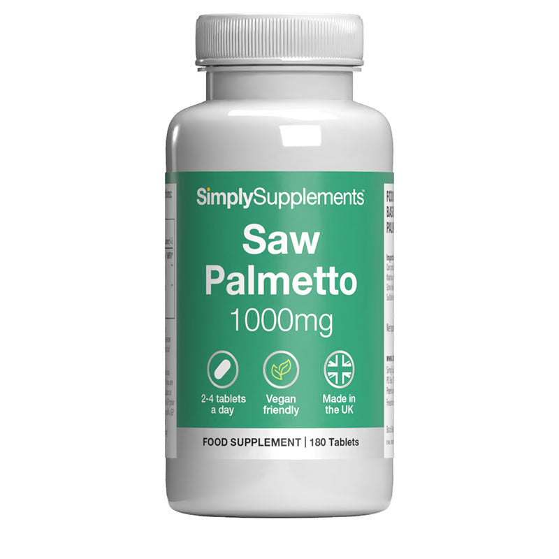 Supplement bottle labeled 'Saw Palmetto 1000mg' by SimplySupplements on a white background