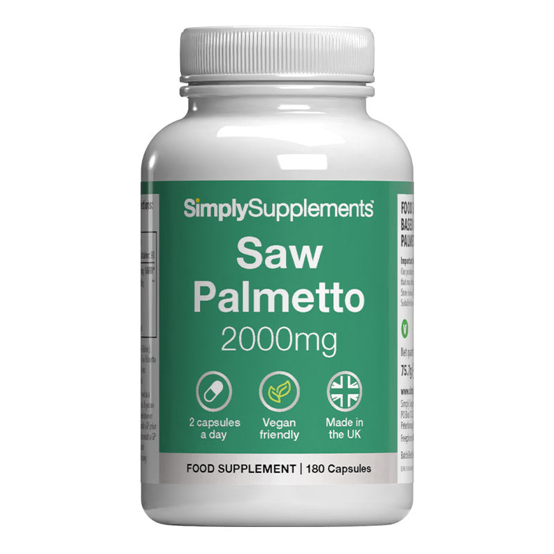 Supplement bottle labeled 'Saw Palmetto 2000mg' by SimplySupplements on a white background