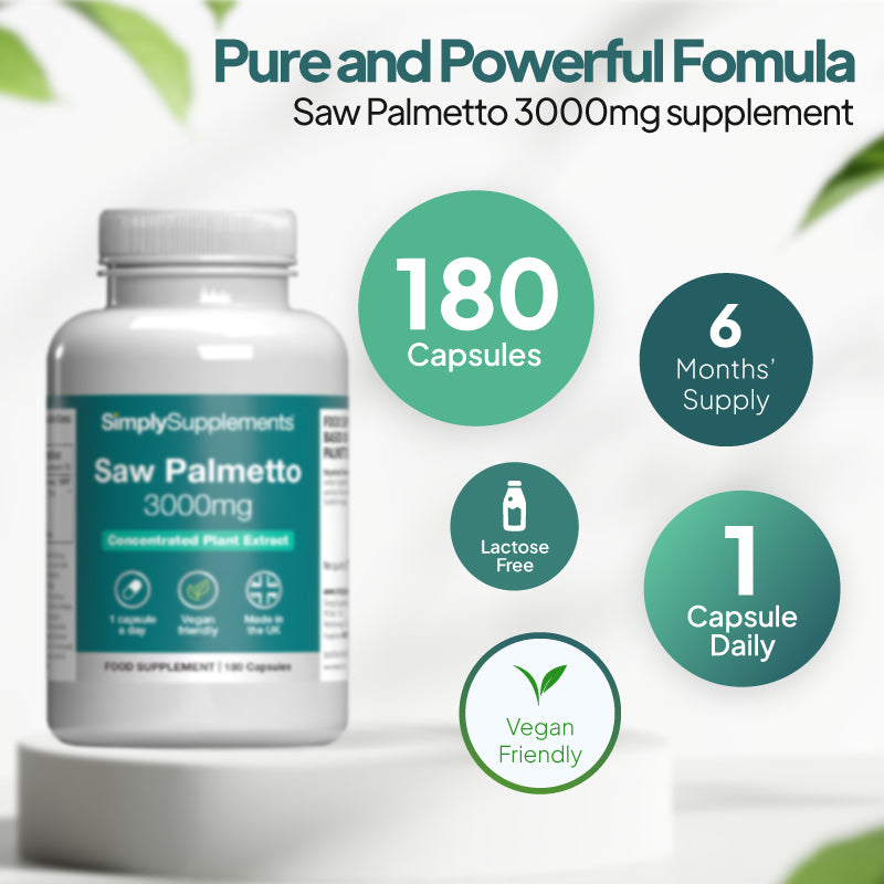 Simply Supplements Saw Palmetto 3000mg supplement graphic showing 180 capsules, 6 months supply, 1 capsule daily, lactose free formula and vegan friendly men’s health support.