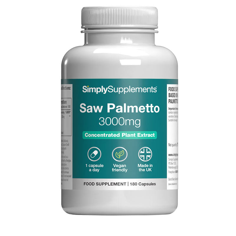 Supplement bottle labeled 'Saw Palmetto 3000mg' by SimplySupplements on a white background
