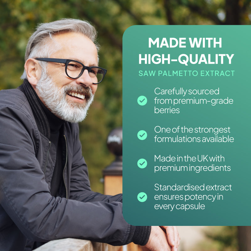 Simply Supplements Saw Palmetto 3000mg lifestyle graphic highlighting premium-grade saw palmetto berry extract, high-strength formula, UK-made quality and standardised potency in every capsule.