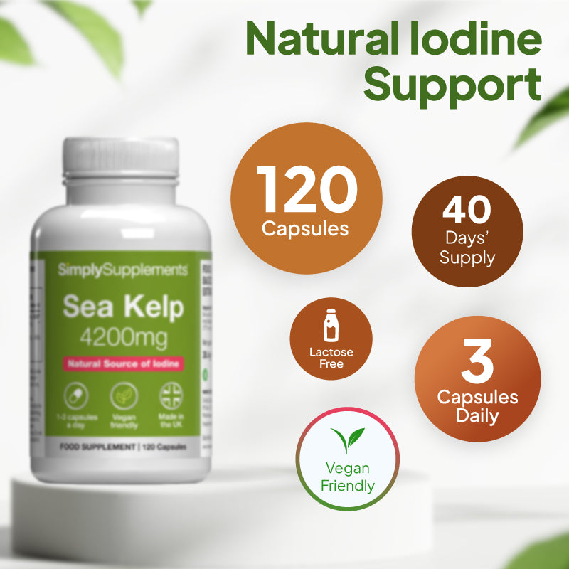 Simply Supplements Sea Kelp 4200mg supplement graphic showing 120 capsules, 40 days supply, 3 capsules daily, lactose free formula and vegan friendly iodine support.