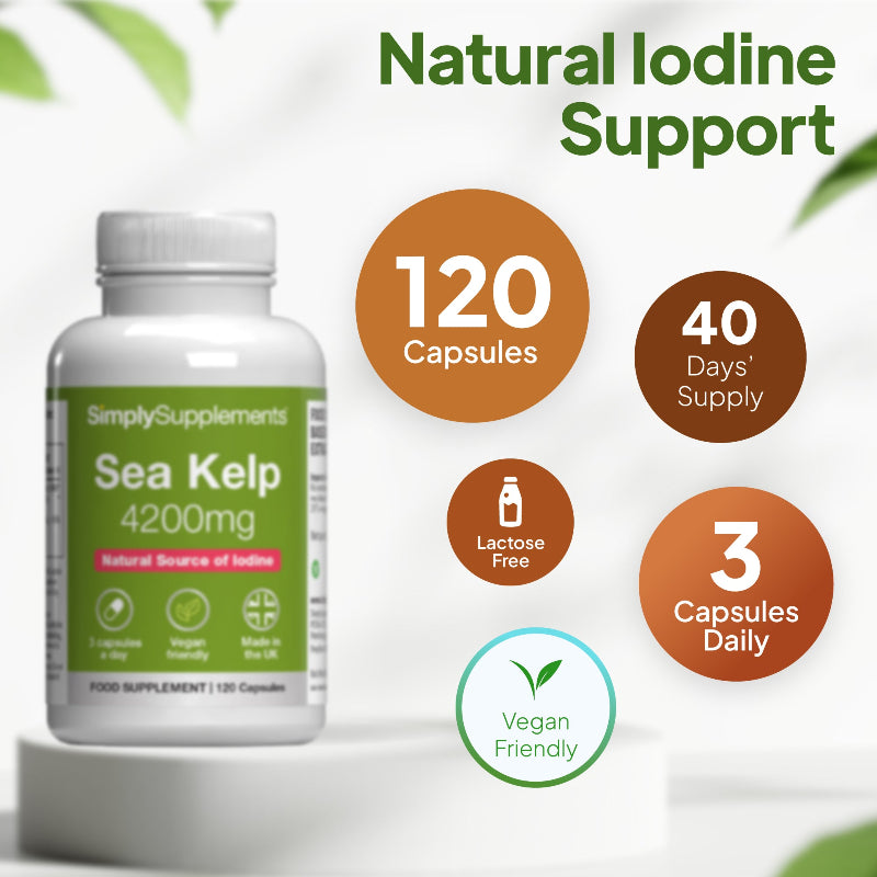Simply Supplements Sea Kelp 4200mg supplement graphic showing 120 capsules, 40 days supply, 3 capsules daily, lactose free formula and vegan friendly iodine support.