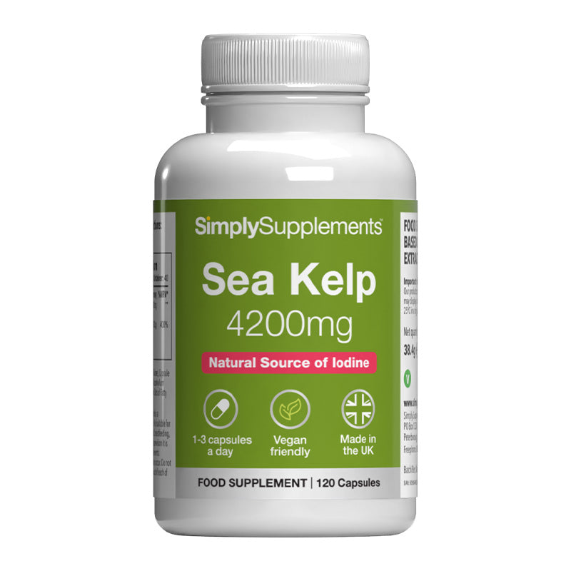 Supplement bottle labeled 'Simply Supplements Sea Kelp 4200mg' on a white background