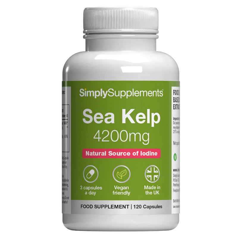 Supplement bottle labeled 'Simply Supplements Sea Kelp 4200mg' on a white background