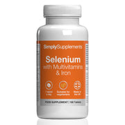 Supplement bottle labeled 'SimplySupplements Selenium with Multivitamins & Iron' on a white background