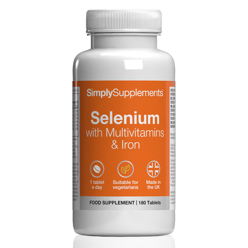 Supplement bottle labeled 'SimplySupplements Selenium with Multivitamins & Iron' on a white background