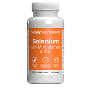 Supplement bottle labeled 'SimplySupplements Selenium with Multivitamins & Iron' on a white background