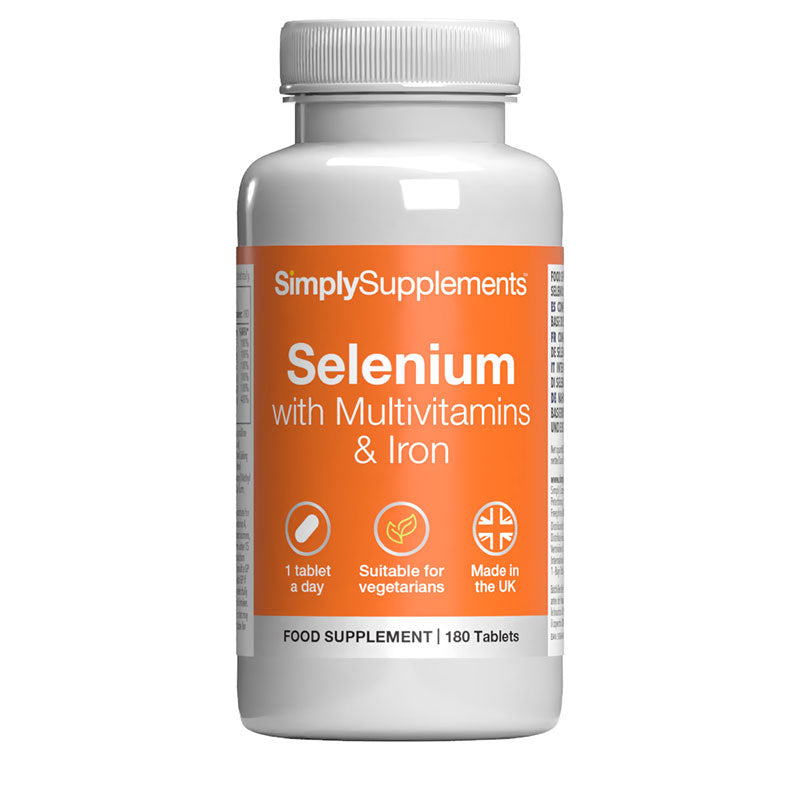 Supplement bottle labeled 'SimplySupplements Selenium with Multivitamins & Iron' on a white background
