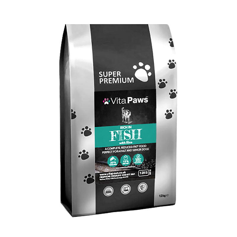 Super Premium Vita Paws dog food package with fish and rice on a white background