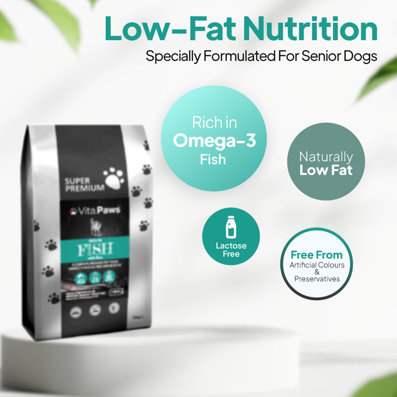 Low-fat fish and rice dog food for senior dogs, rich in omega-3, lactose free and free from artificial colours and preservatives